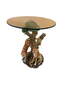 Heavy Resin Figural Side Table Leopards Glass Top
