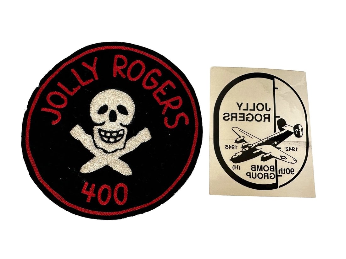 WWII U.S. Jolly Rogers Patch and 90th Bomb Group Decal 1942-1945: WWII U.S. Jolly Rogers Patch and 90th Bomb Group Decal 1942-1945: Patch is 6.25" in diameter. Decal is 4.5" x 3.5".