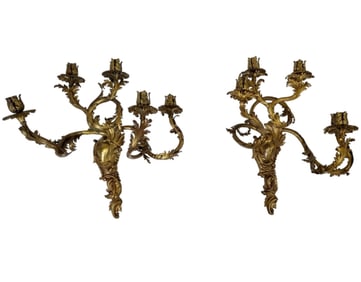 Pair Monumental 19th c. French Gilt Bronze 5 Arm Wall Sconces 27? x 24?