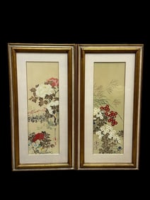 (2) Embellished Lithograph Collotyopes of Hoitsu's Mums and Peonies