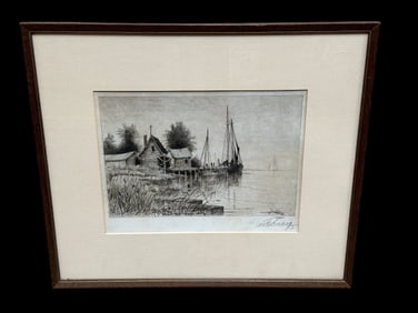 George Emerick Essig (American 1838-1928) Etching "Sunset Maurice River NJ"