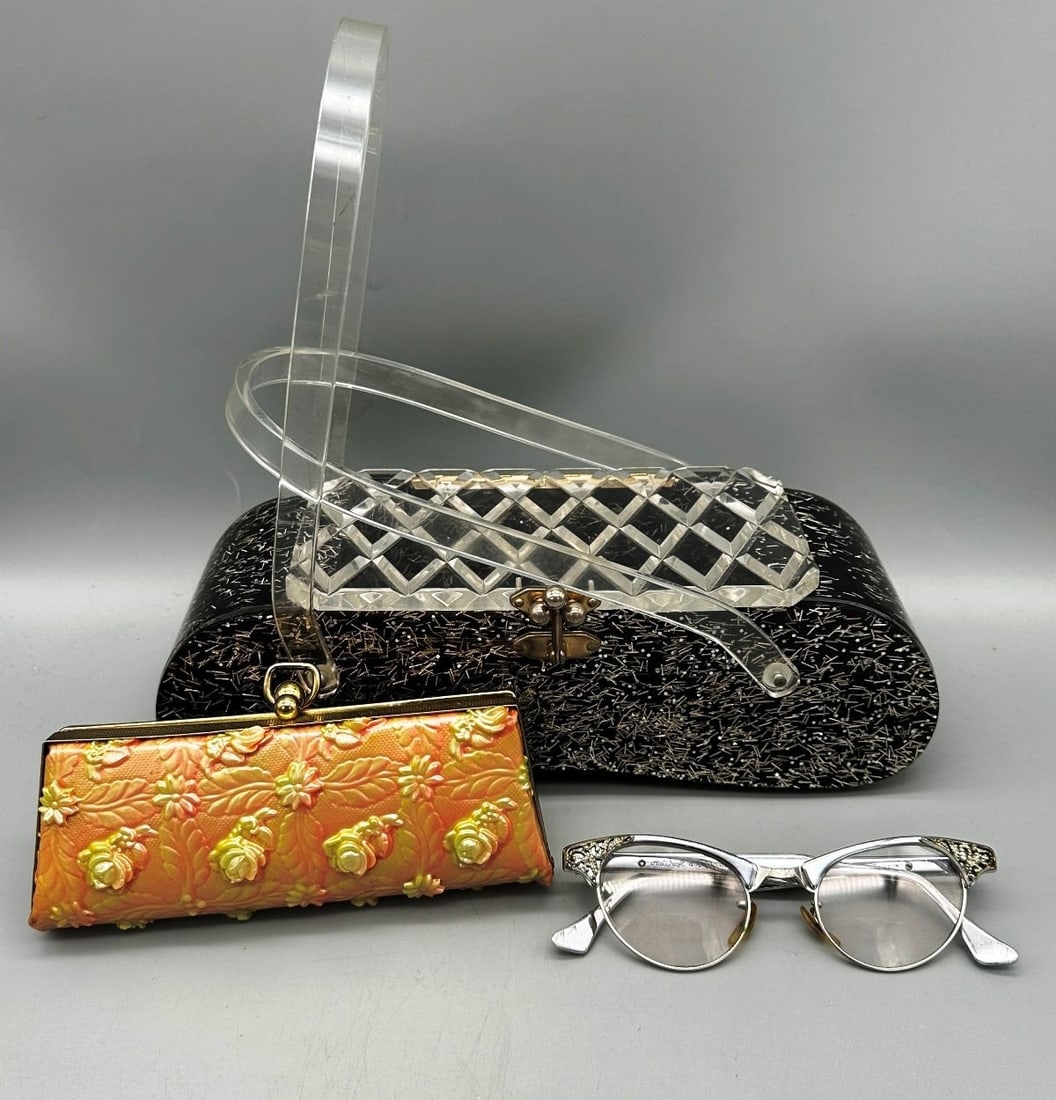 Mid Century Lucite Hand Bag & Cateye Glasses with Case: Mid Century Lucite Hand Bag & Cateye Glasses with Case. The eye glasses are from Art Craft and are 1/10 12k gold filled.