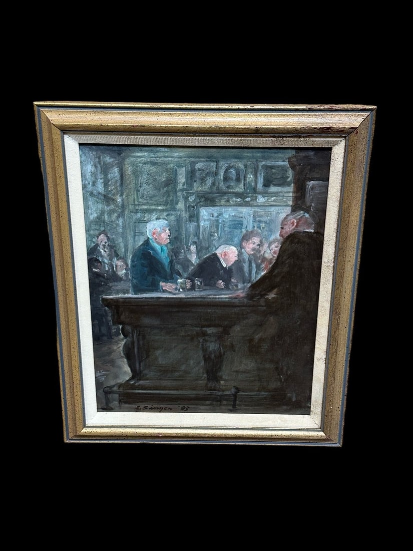 Oil Painting on Board Gentleman's Bar Scene Signed Singer/Singen (1 of 4)