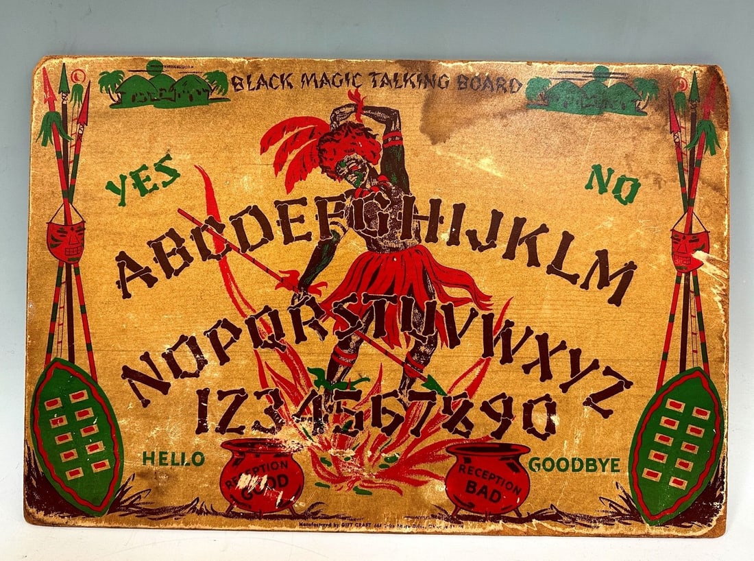 1940's Black Magic Talking Board Ouija Board Master Game Board by Gift Craft: 1940's Black Magic Talking Board Master Game Board by Gift Craft. This ouija board features it's letters made from bone shapes. The reverse is a master play board. This board measures 20 x 13.5".
