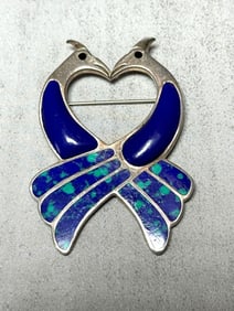 Taxco Mexico Sterling Silver Enamel Double Bird Brooch