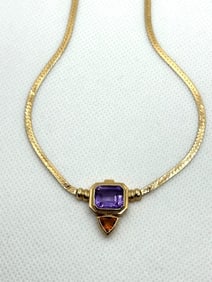 14k Herringbone Necklace With Emerald Cut Amethyst and Triangle Citrine