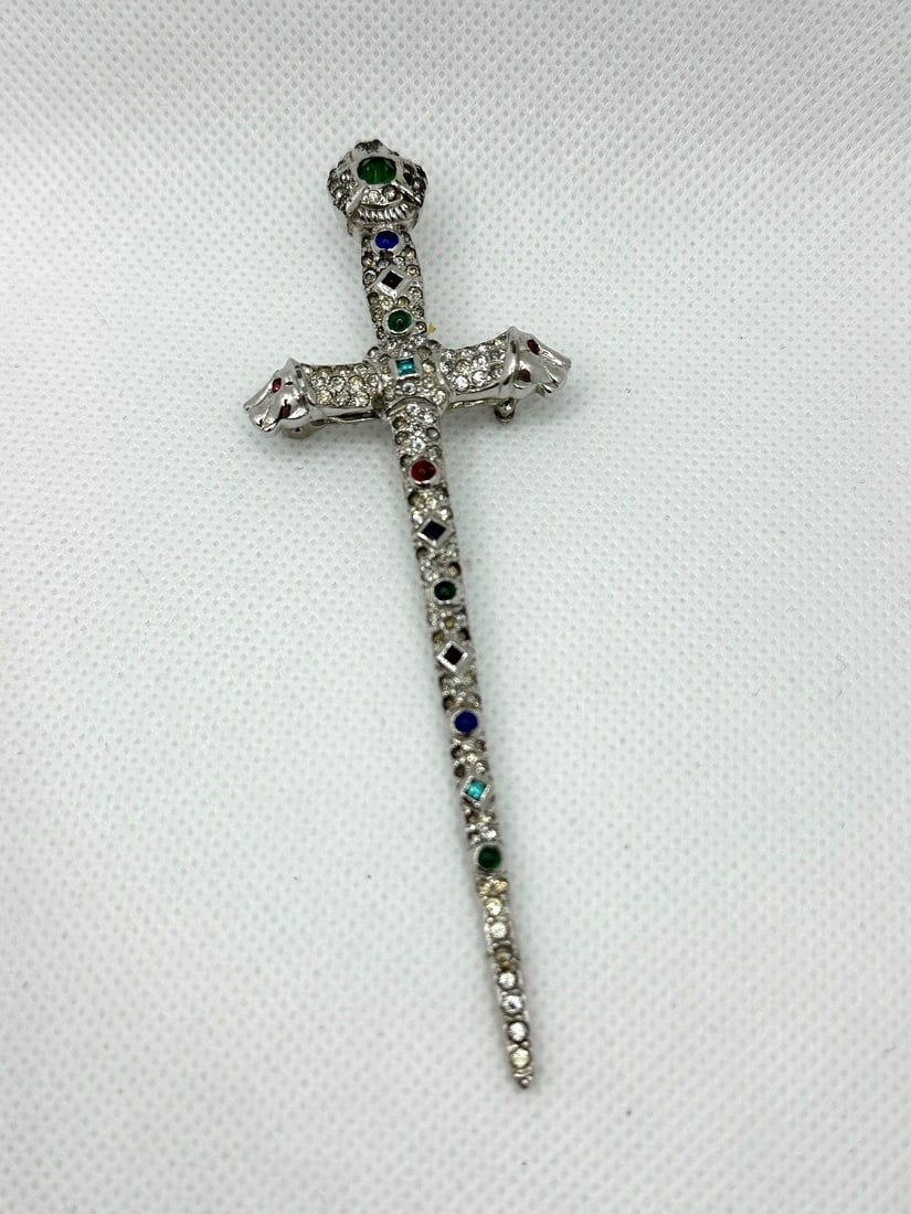 1940?s Mazer Brothers Sword Pin with 3 Lion Head Accent Points RARE (1 of 8)