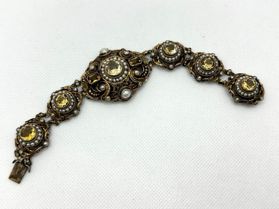 Hungarian .835 Silver PV State Mint Citrine Seed Pearl Filigree Bracelet: Hungarian .835 PV State Mint Citrine Seed Pearl Filigree Bracelet: Rare, chunky bracelet made in Hungary. Hallmarked .835, PV (State Mint Mark). Covered with large round citrines, and surrounding emer