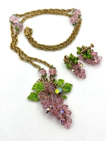 Unsigned Watermelon Tourmaline Grape Necklace and Matching Earring Set