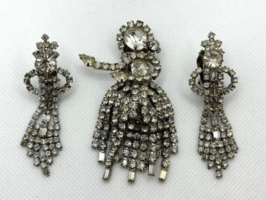 1940's Pakula Brooch and Earring Set Figural Ladies in Clear Rhinestones