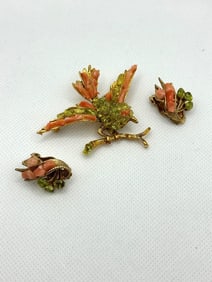 Swoboda Faux Coral and Rhinestone Bird Brooch and Earring Set