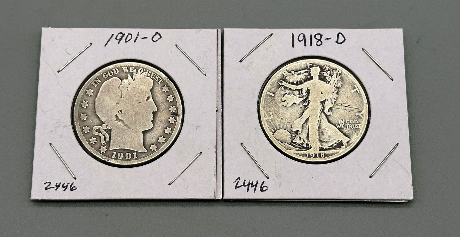 1901-O 50C Barber Half Dollar & 1918-D 50C Walking Liberty Half Dollar (1 of 2)