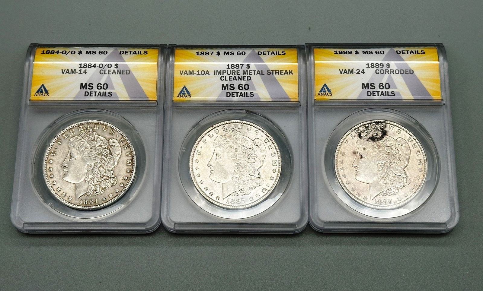 (3) Morgan Silver Dollars Anacs MS 60 Details (1 of 2)