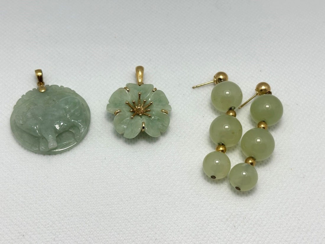 (2) Jade 14k Gold Pendants, (1) Jade 14k Gold Earrings (1 of 4)