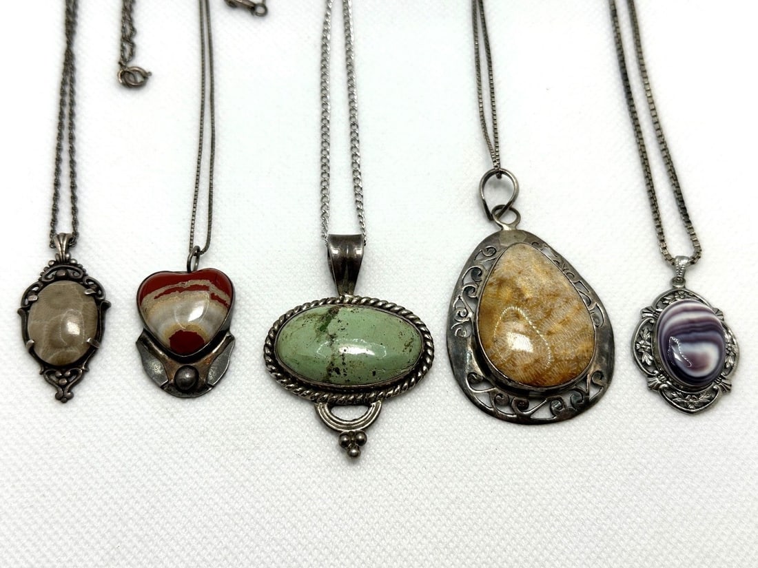 (4) Sterling Silver Necklaces With Sterling Set Agates (1 of 6)