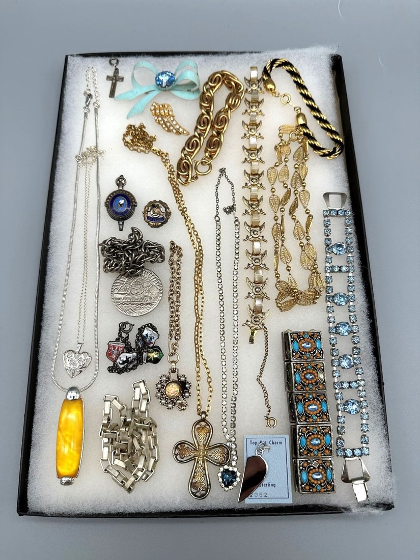 Balance of One Person's Costume Jewelry: Balance of One Person's Costume Jewelry: Includes damascene bracelet and other bracelets, 1 heart sterling silver necklace, and 6 other necklaces, sterling pendants, sterling Mizpah charm, brooches.