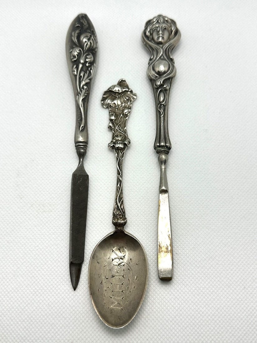 (3) Sterling Silver Dresser Utensils: (3) Sterling Silver Dresser Utensils: Art Nouveau tweezers, nail file, souvenir spoon P & B