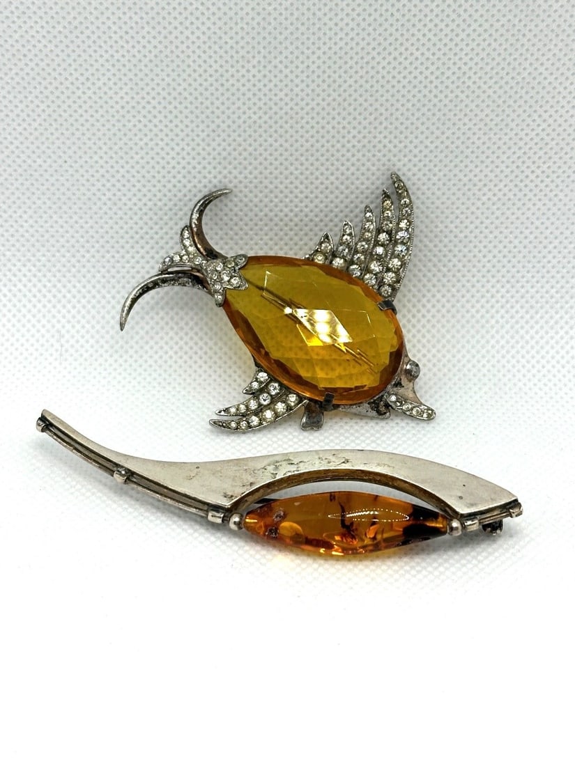 (2) Sterling Silver Figural Brooches With Amber Colored Stones (1 of 3)