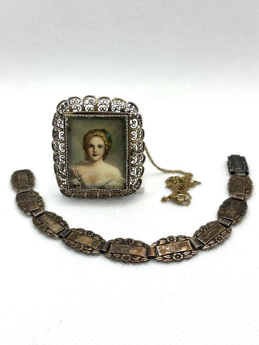 .800 Silver Hand Painted Miniature Necklace and Sweetheart Bracelet: .800 Silver Hand Painted Miniature Necklace and Sweetheart Bracelet: Miniature measures 1.75 x 1.5". .925 sterling bracelet
