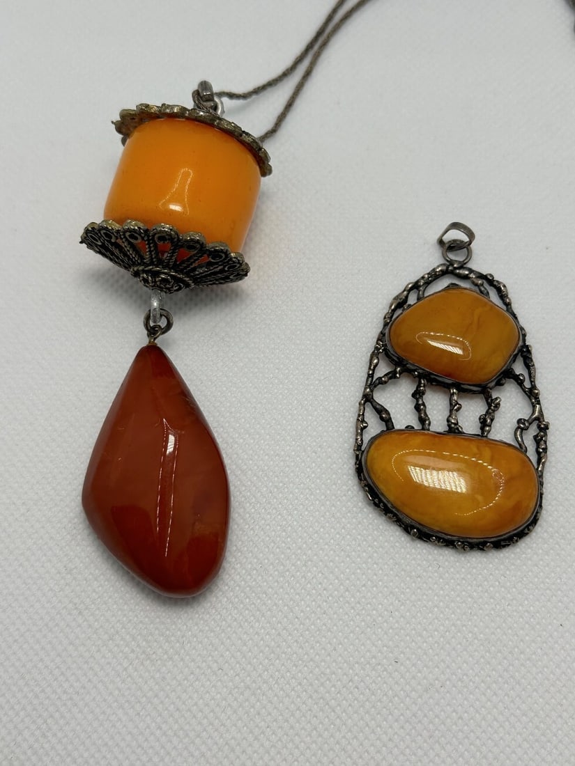 Sterling Silver Necklaces With Butterscotch Bakelite and Agate: Sterling Silver Necklaces With Butterscotch Bakelite and Agate: