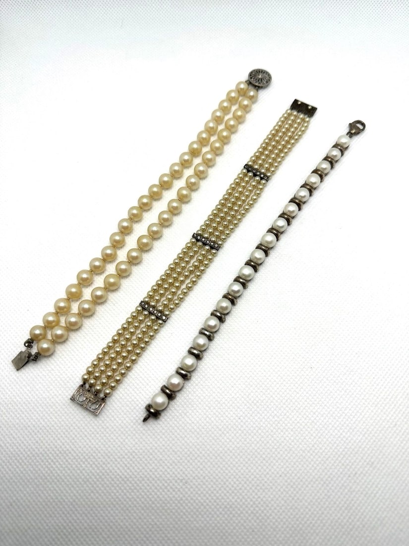 (3) Sterling Silver and Pearl Bracelets: (3) Sterling Silver and Pearl Bracelets: Double strand , multi strand with spacers, single strand with sterling silver spacers. All 7" long.