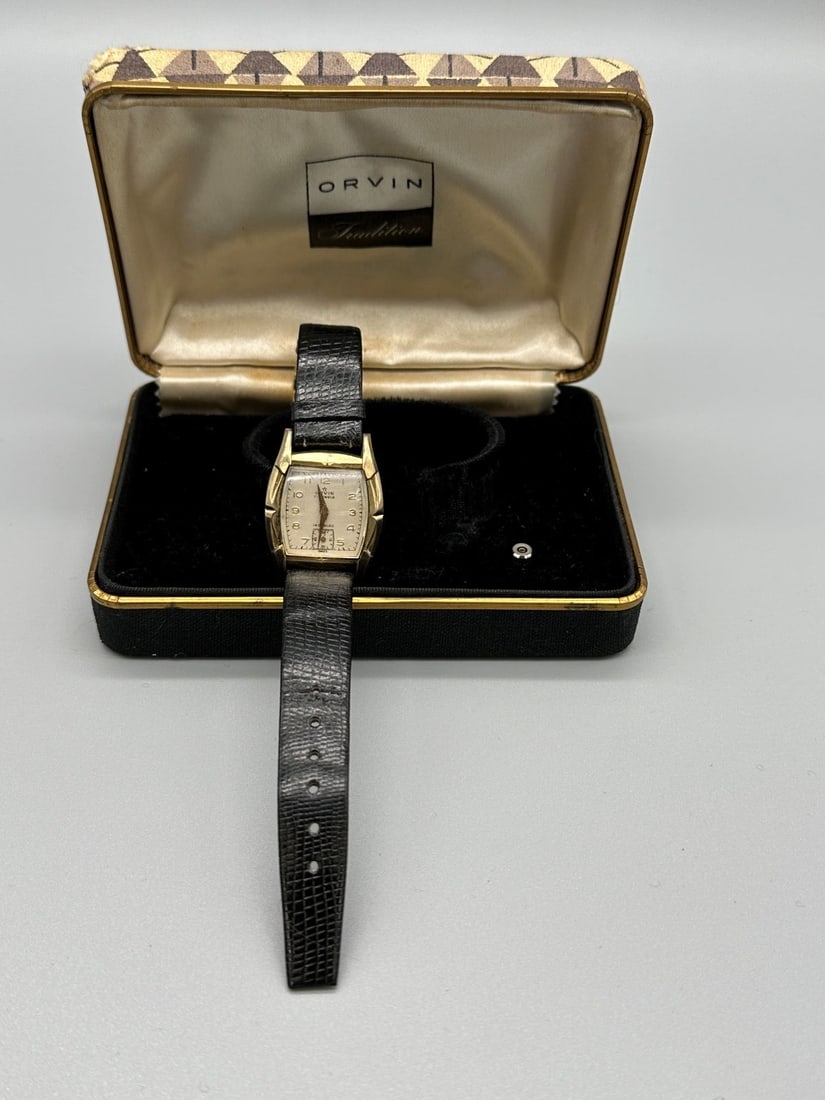 Orvin FHF710 17 Jewel Gold Filled Wrist Watch in Original Box: Orvin FHF710 17 Jewel Wrist Watch in Original Box: Gold Filled Wrist Watch. Gold filled, needs a crown, is running. Leather band, 17 jewels in original box