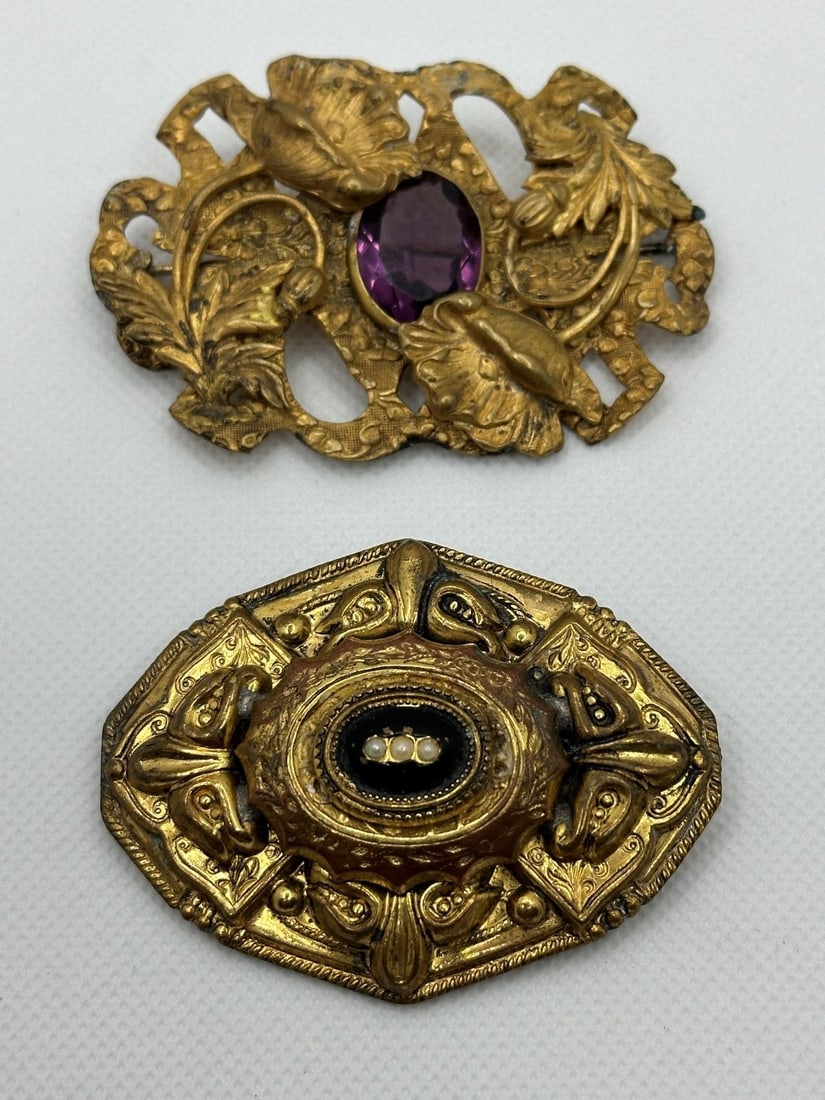 (2) Victorian Brass Gold Filled Sash Brooches (1 of 3)