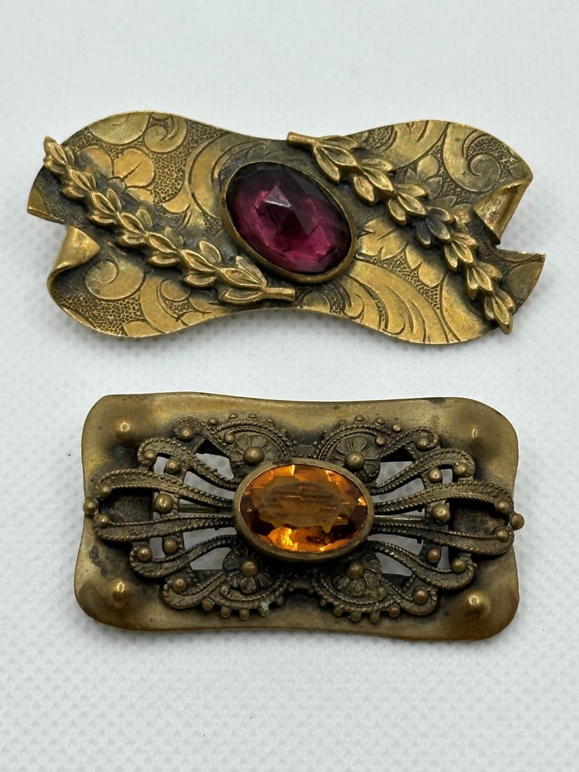 (2) Victorian Brass Gold Filled Sash Brooches (1 of 3)