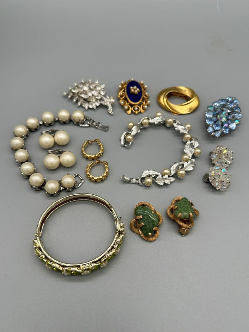 Group of Signed Costume Jewelry; Eisenberg, Hobe, Others: Group of Signed Costume Jewelry: Includes Hobe enamel bracelet, Judy Lee bracelet and earrings, Kramer earrings, Florenza enamel brooch, Eisenberg brooch, Coro earrings, Lisner bracelet, Weiss Aurora