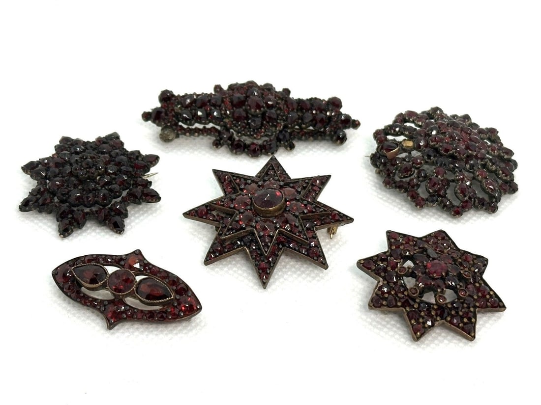 (6) Garnet Cluster Victorian Mourning Brooches (1 of 7)