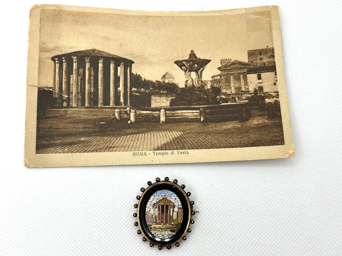 Temple of Vesta Micro Mosaic Brooch with Matching Post Card: Temple of Vesta Micro Mosaic Brooch with Matching Post Card: Set in gold filled with black onyx. Measures 1.5" long.