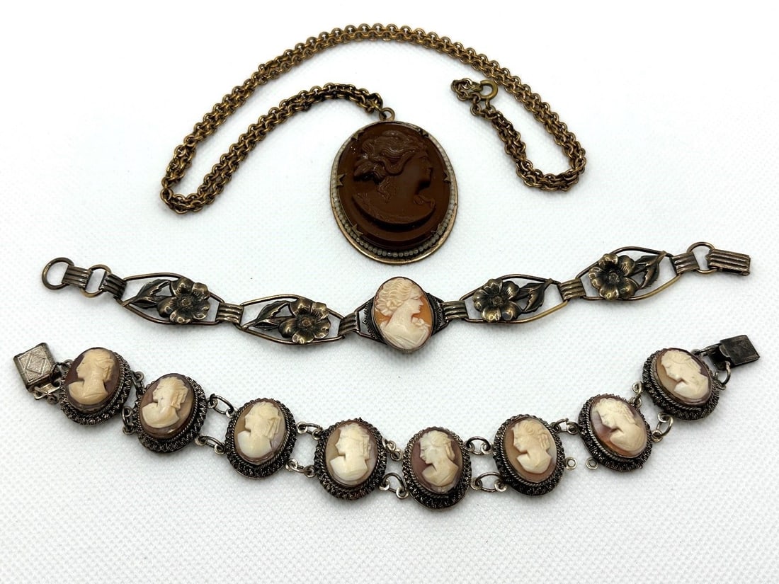 (2) Cameo Bracelets Sterling and Gold Filled, (1) Cameo Necklace: (2) Cameo Bracelets Sterling and Gold Filled, (1) Cameo Necklace: Necklace with brown cameo and seed pearls, 2 bracelets one is 8" long with 8 cameos (missing one small metal link), 7.5".