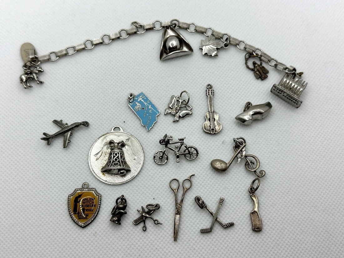 (1) Sterling Silver Charm Bracelet and (14) Extra Loose Charms: (1) Sterling Silver Charm Bracelet and (14) Extra Loose Charms: Total weight is 41.5 grams.