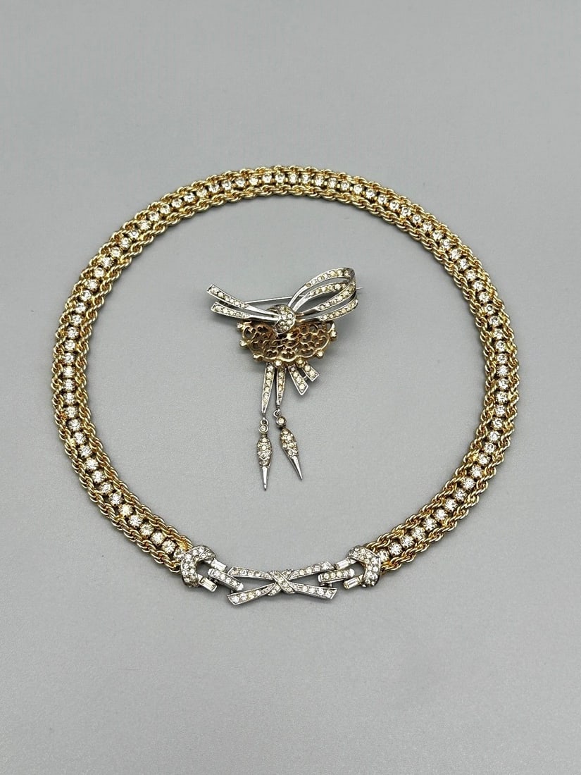 Boucher Choker and Matching Bow Brooch: Boucher Choker and Matching Brooch: Bow brooch with drop dangles.