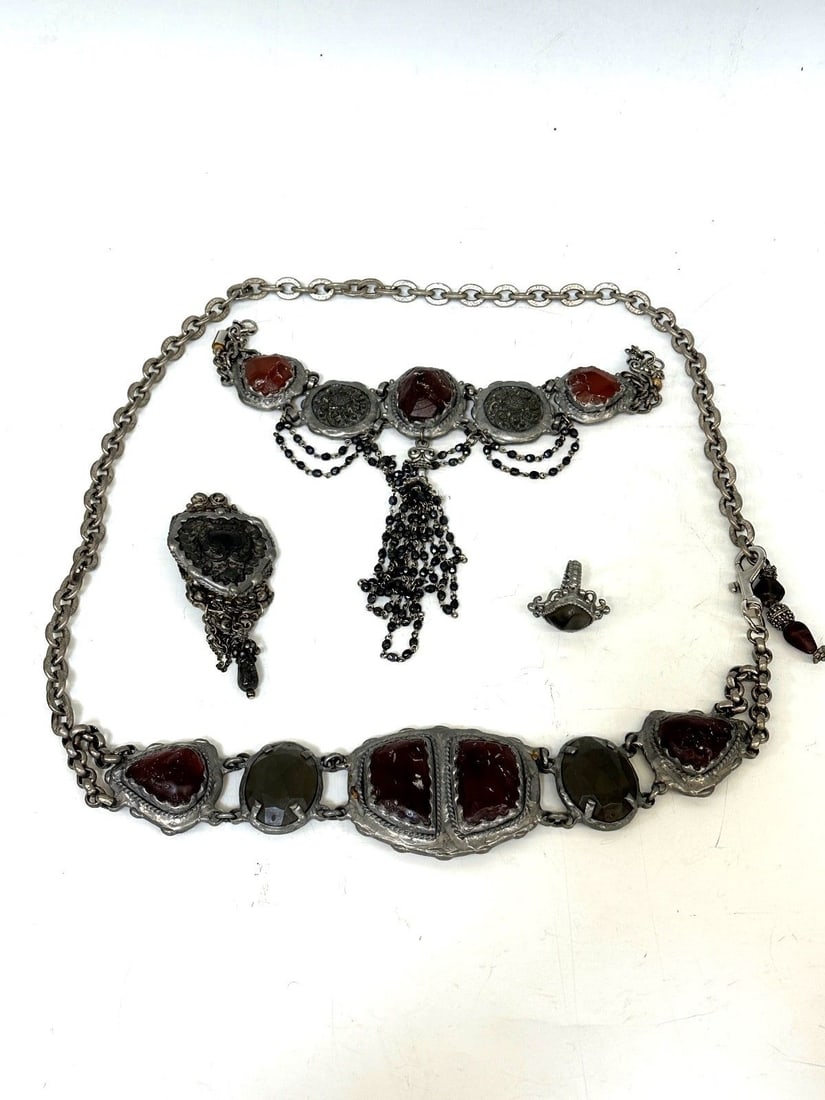 Chunky Roman Glass Style Jewelry Group: Chunky Roman Glass Style Jewelry Group: Set in pot metal, ring, choker, brooch and long necklace.