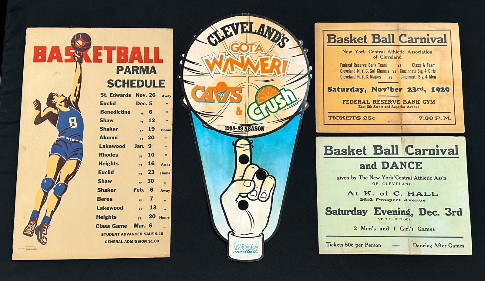 (4) Basketball Carnival Dance and Schedule Signs: (4) Basketball Carnival Dance and Schedule Signs include a Parma Schedule and Cav's & Crush 1988 - 89 Season. These signs measure 10.5 x 13.5", 22 x 14" and 24 x 13".