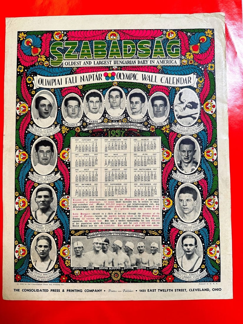 1937 Hungarian Olympic Wall Calendar Szabadsag (1 of 5)