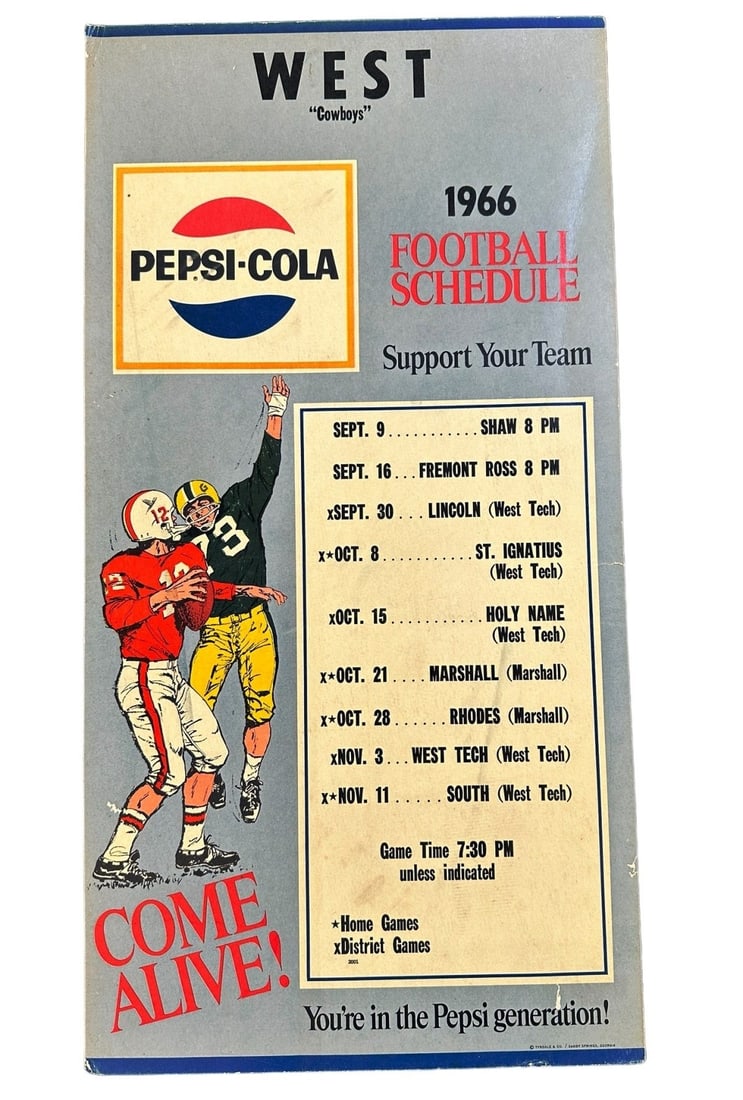 1966 Pepsi-Cola West "Cowboys" Football Schedule: 1966 Pepsi-Cola West "Cowboys" Football Schedule measures 21 x 11".