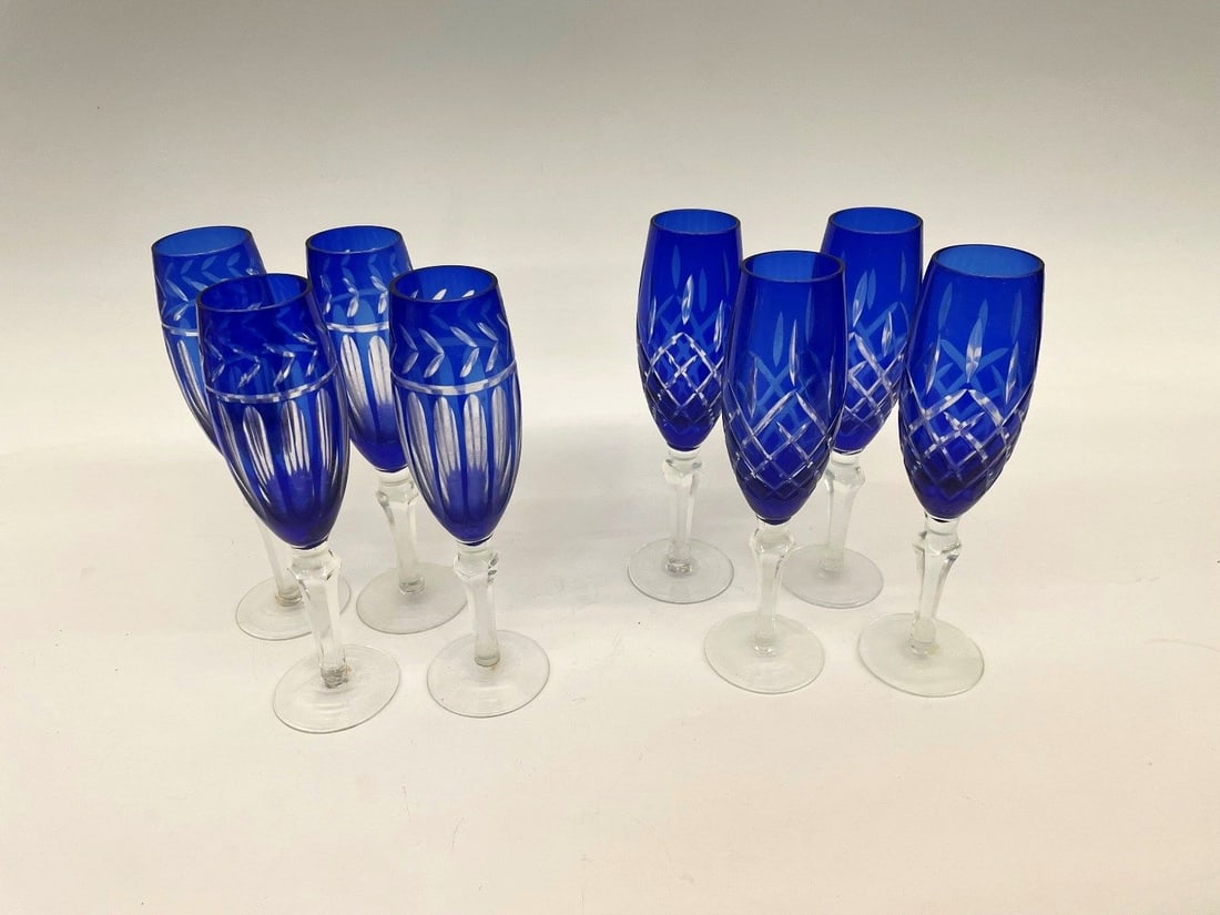 (8) Imperial Estate Crystal Champagne Glasses Cobalt Cut to Clear (1 of 3)