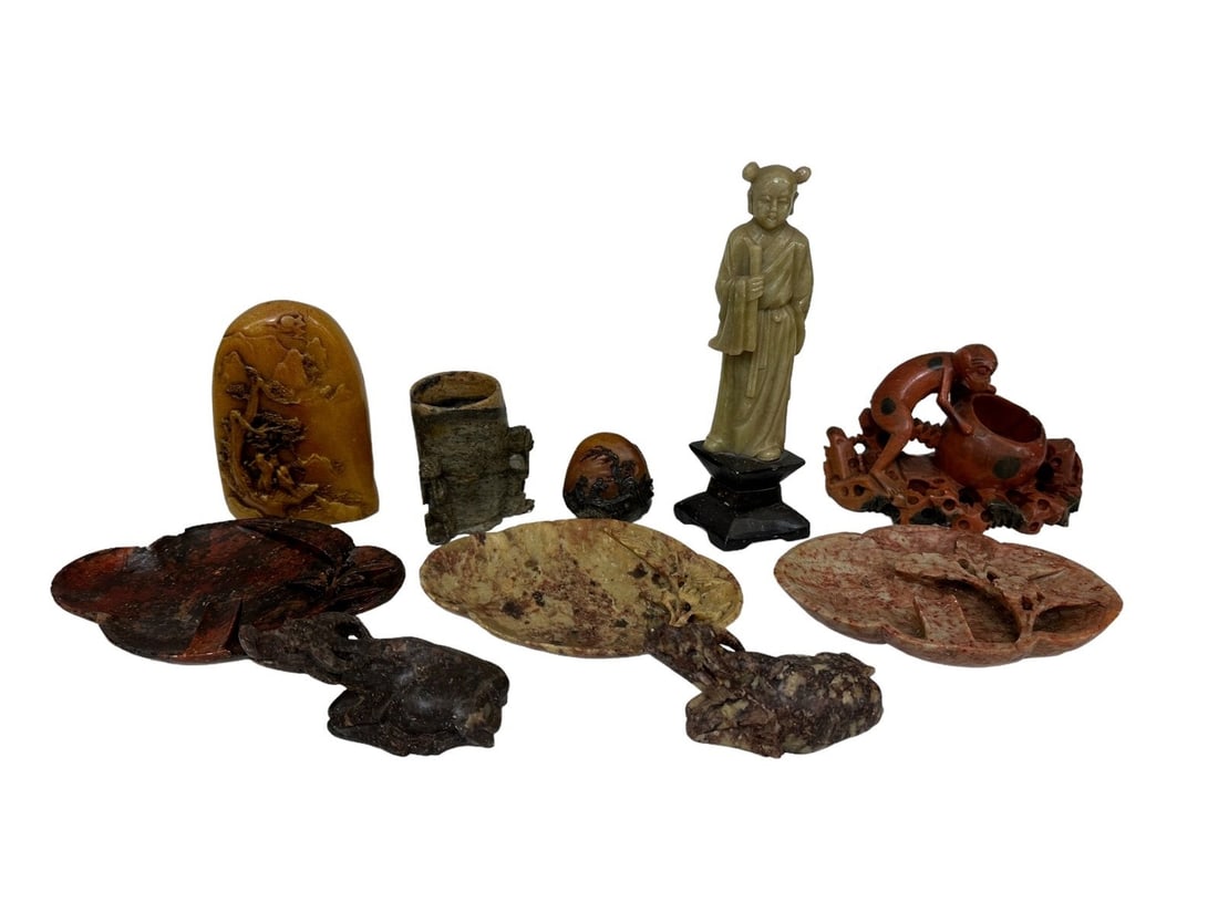 Group of Soapstone Figurines With 3 Ashtrays: Group of Soapstone Figurines With 3 Ashtrays: Tallest is 6".