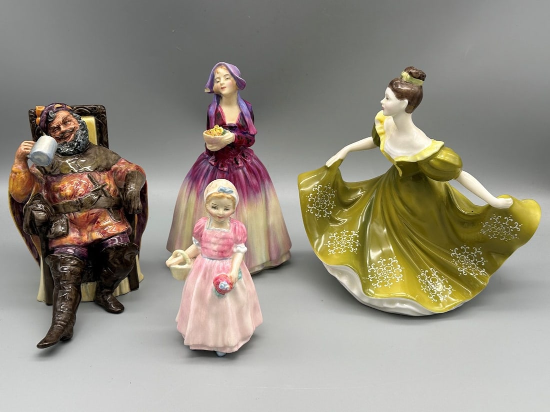 (4) Royal Doulton Figurines: (4) Royal Doulton Figurines: Lynne, Dorcas, Tinkle Bell, The Foaming Quart.