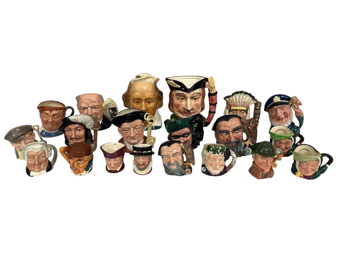 Group of Royal Doulton Character Mugs: Group of Royal Doulton Character Mugs: 2 medium Staffordshire Shakespeare and Robin Hood. 9 smallones a couple with chips. 8 other mediums.