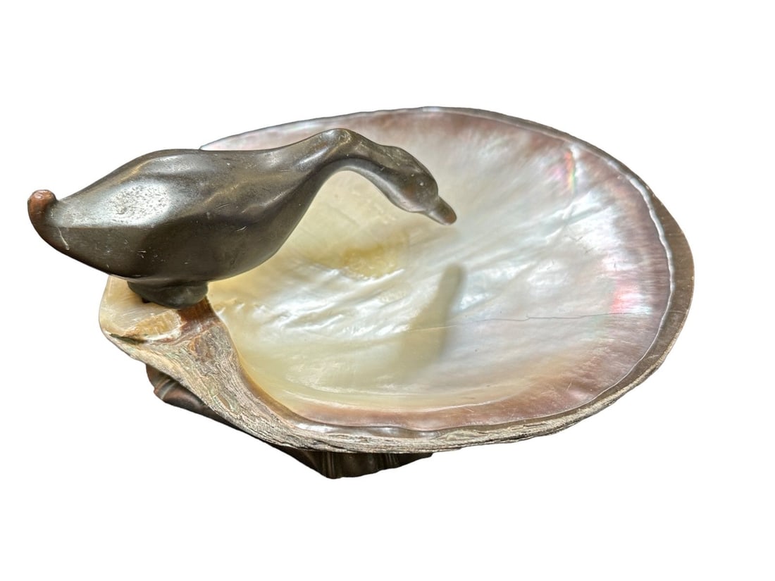 Bronze Duck on Mother of Pearl Shell Trinket/Ashtray: Bronze Duck on Mother of Pearl Shell Trinket/Ashtray.