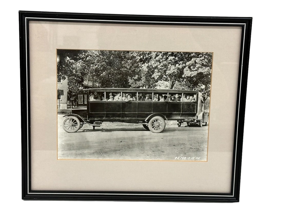 1925 Model TT Chasis Extended With Bus Body Black and White Photograph: 1925 Model TT Chasis Extended With Bus Body Black and White Photograph: Matted and framed measuring 13.5 x 11.25". Photograph has number 43768-9-15-25 on front.