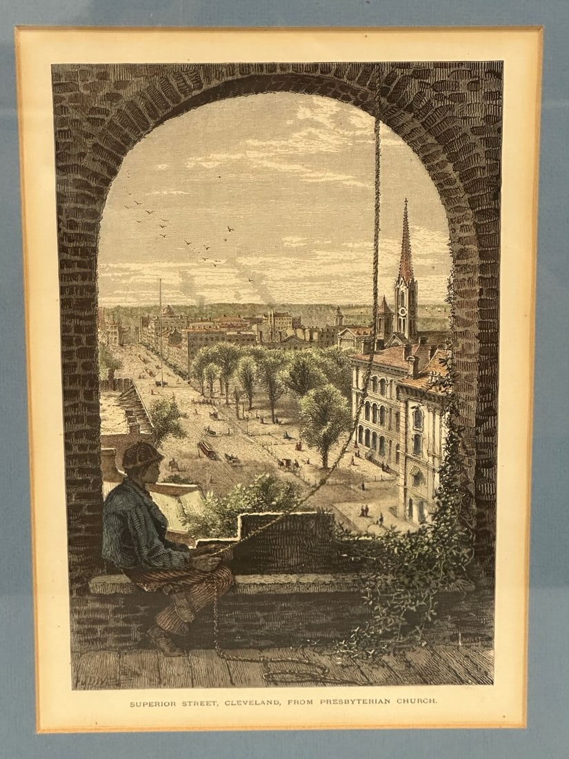 Hand Tinted Engraving Superior Street Cleveland: Hand Tinted Engraving Superior Street Cleveland: Matted and framed and measuring 15.5 x 12.25". View from Presbyterian Church.