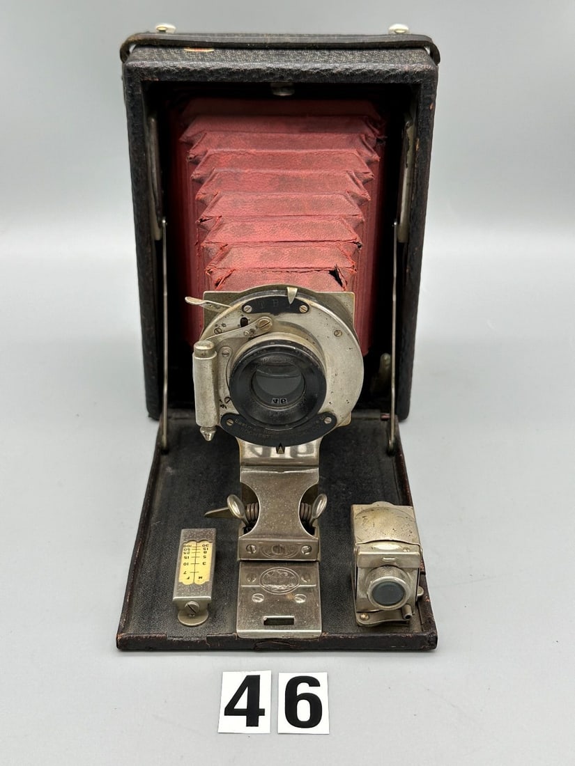 Eastman Kodak No. 1 Premo Red Bellows Folding Film Camera: Eastman Kodak No. 1 Premo Red Bellows Folding Film Camera: This Premo's exterior leather is in excellent shape. The red bellows pull out and return very smoothly. The shutter and f. stops move and fir