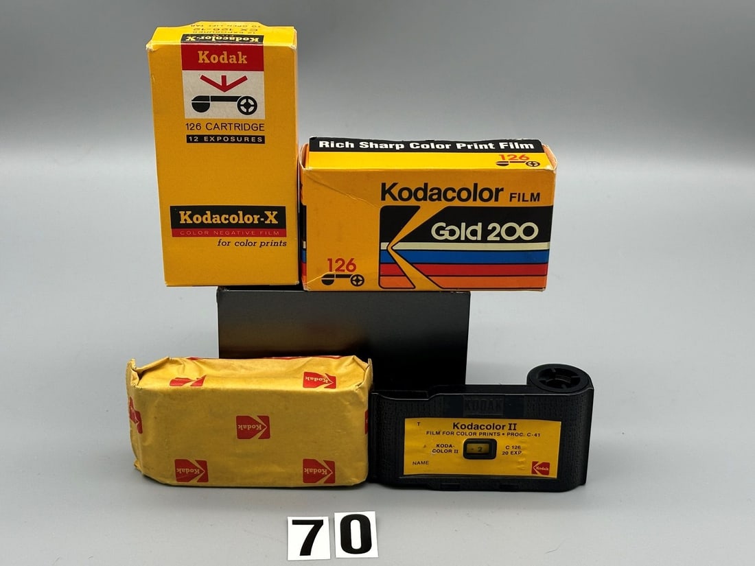 (4) Kodak 126 Film Cartridges: (4) Kodak 126 Film Cartridges: Sealed box Kodacolor Gold 200/24 Exposures Expired 1991, Kodacolor X-CX 126/12 Exposures Expired 1973, Kodak 126, Kodacolor II 126 Cartridge is on frame #2.