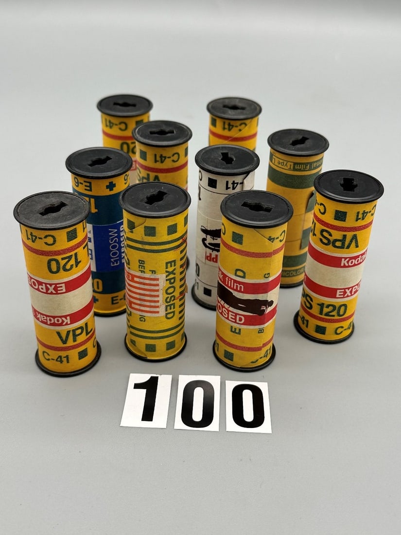 Mystery Film (10) Rolls of Exposed and Undeveloped Color Film Size 120: Mystery Film (10) Rolls of Exposed and Undeveloped Color Film Size 120: Nine rolls of color negative and one roll of Ektachrome. A total of 128 exposures. Just think of it, after you develop the film,