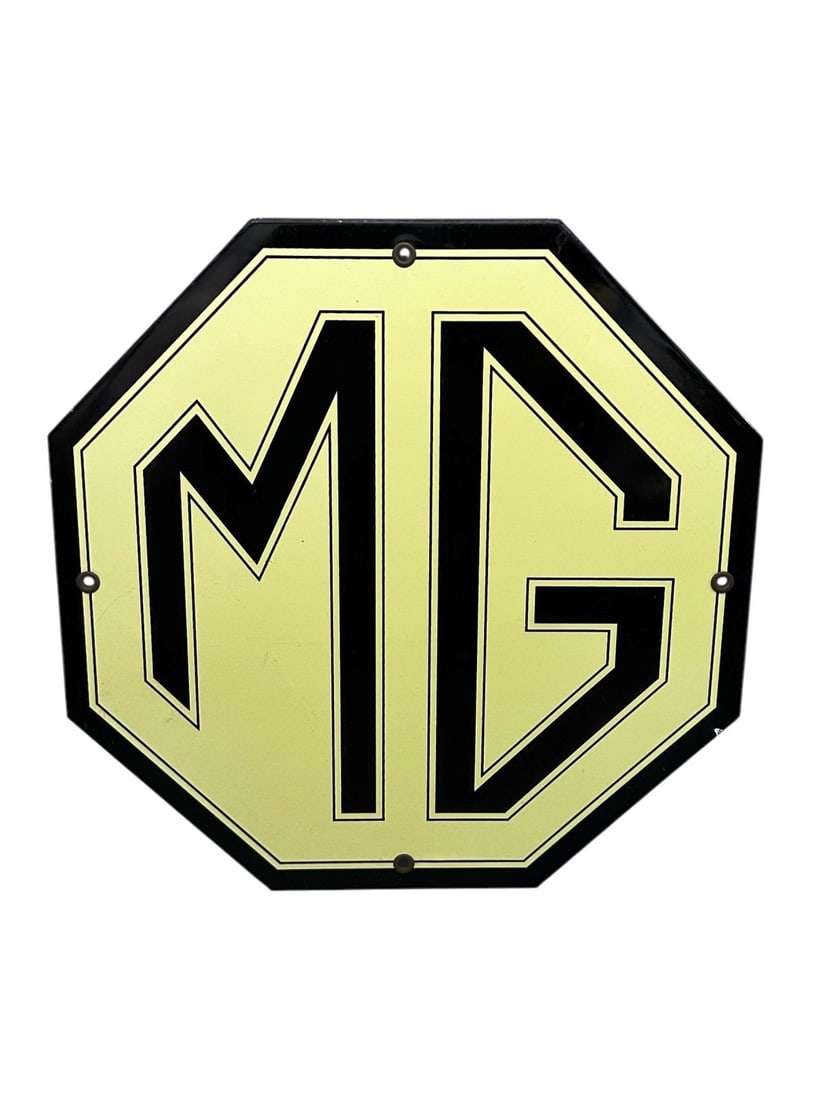 Vintage MG Porcelain Car Sign: Vintage MG Porcelain Car Sign. MG Morris Garages sign is double sided porcelain from the British Car Maker and measures 12 x 12".