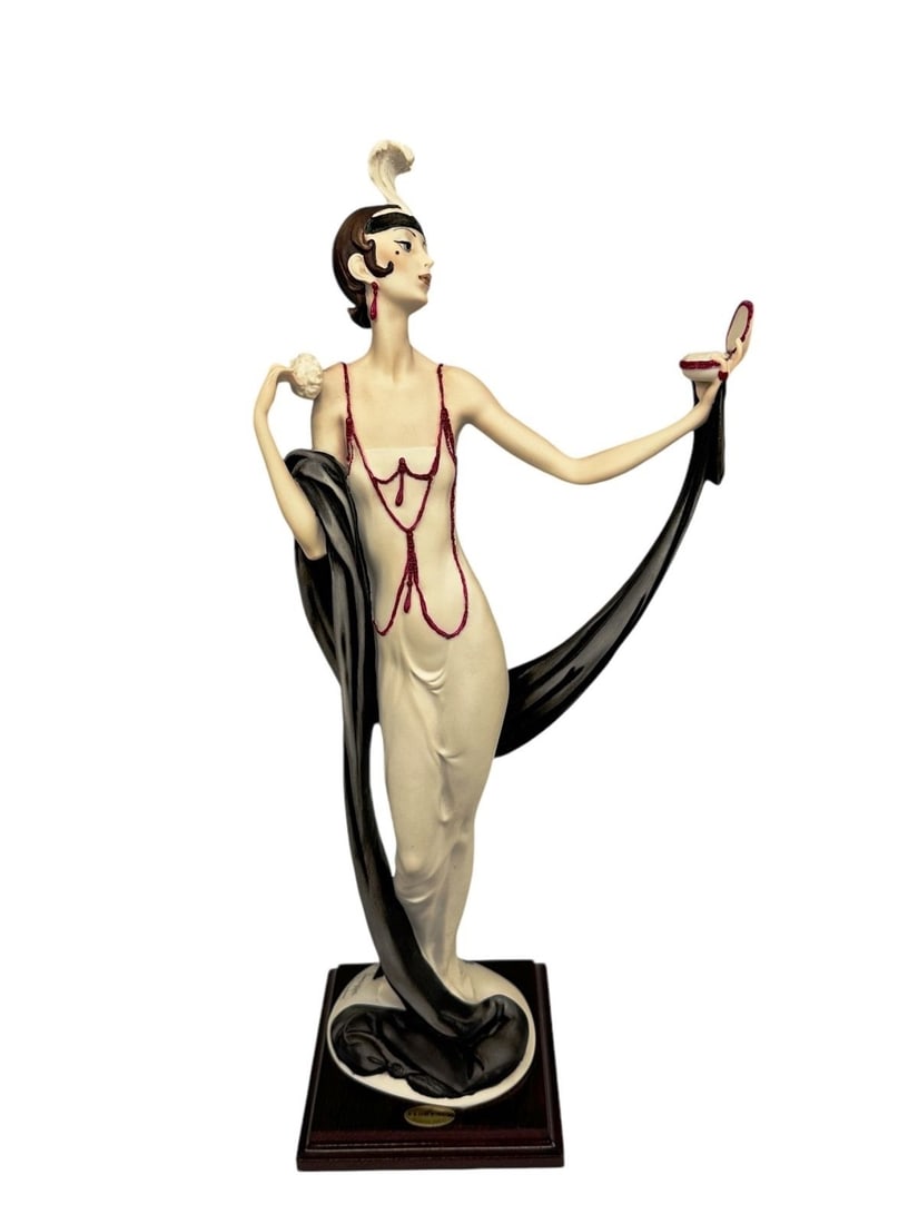 Signed Guiseppe Armani Lady with Powder Puff Figurine: Signed Guiseppe Armani Lady with Powder Puff Figurine is from 1987. This figurine is 19" tall and comes with the original box.